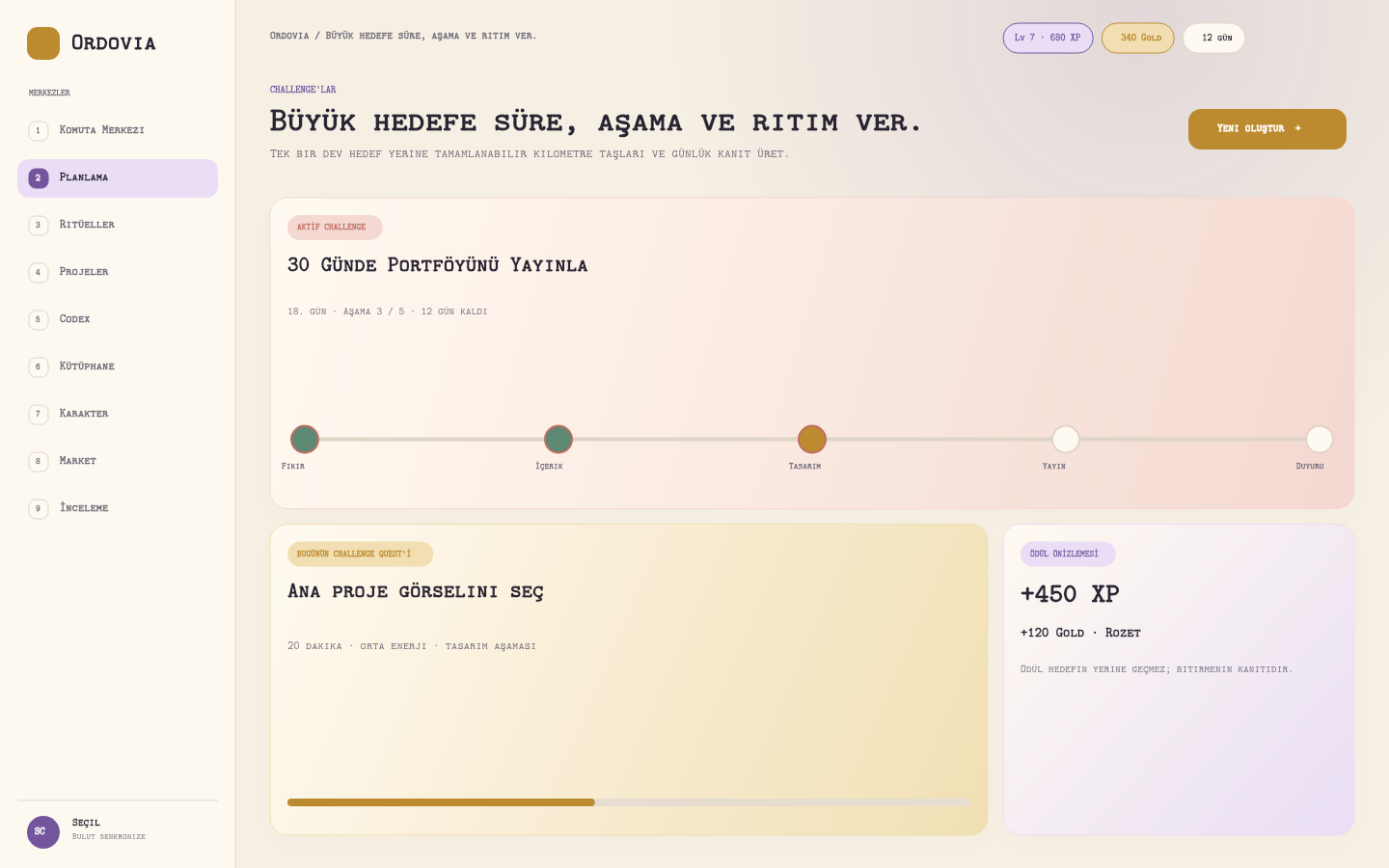 Ordovia Challenge ekranında beş aşamalı ilerleme ve ödül önizlemesi