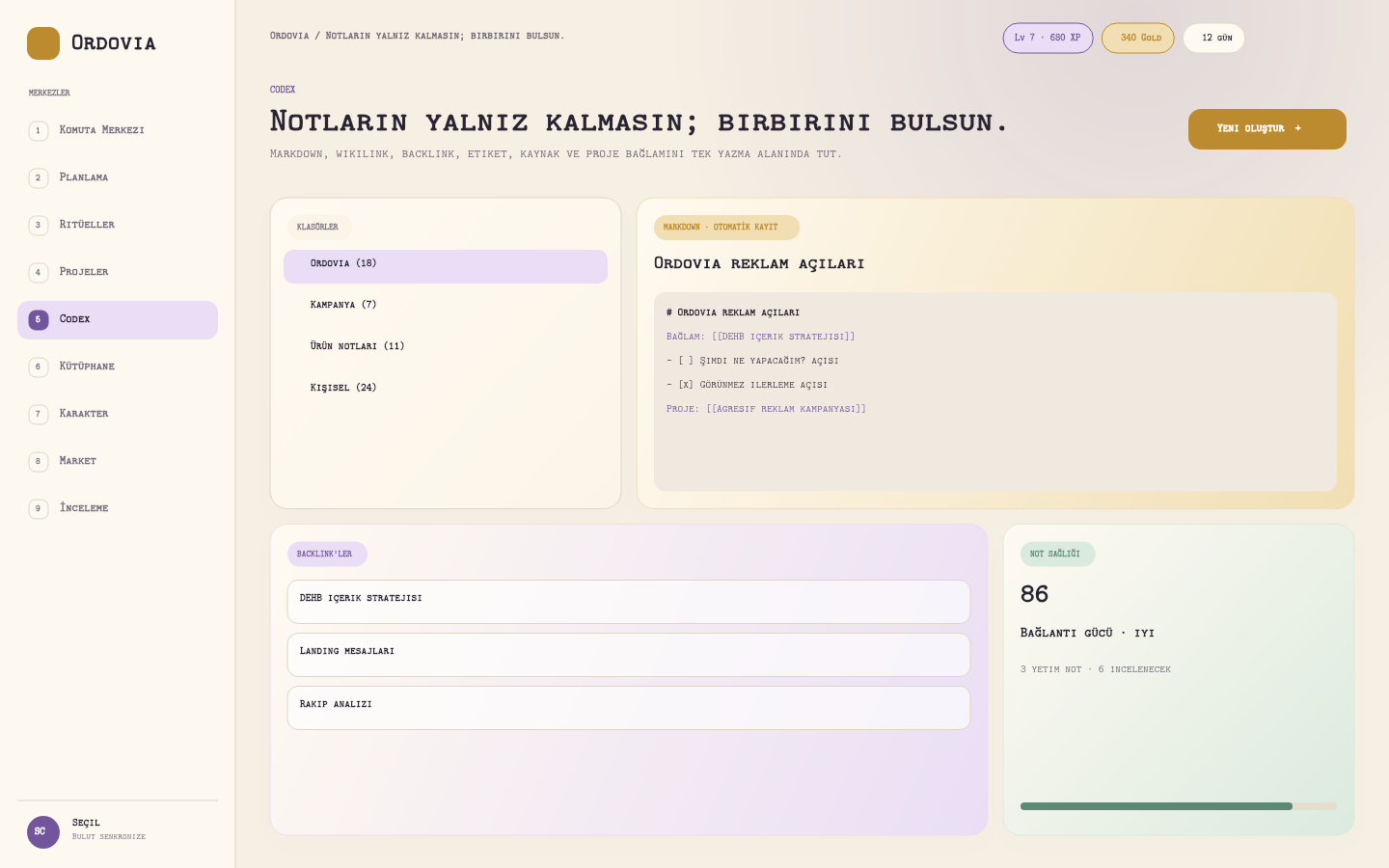 Web Clipper ile gelen içeriğin düzenlenebileceği Ordovia Codex Markdown ekranı